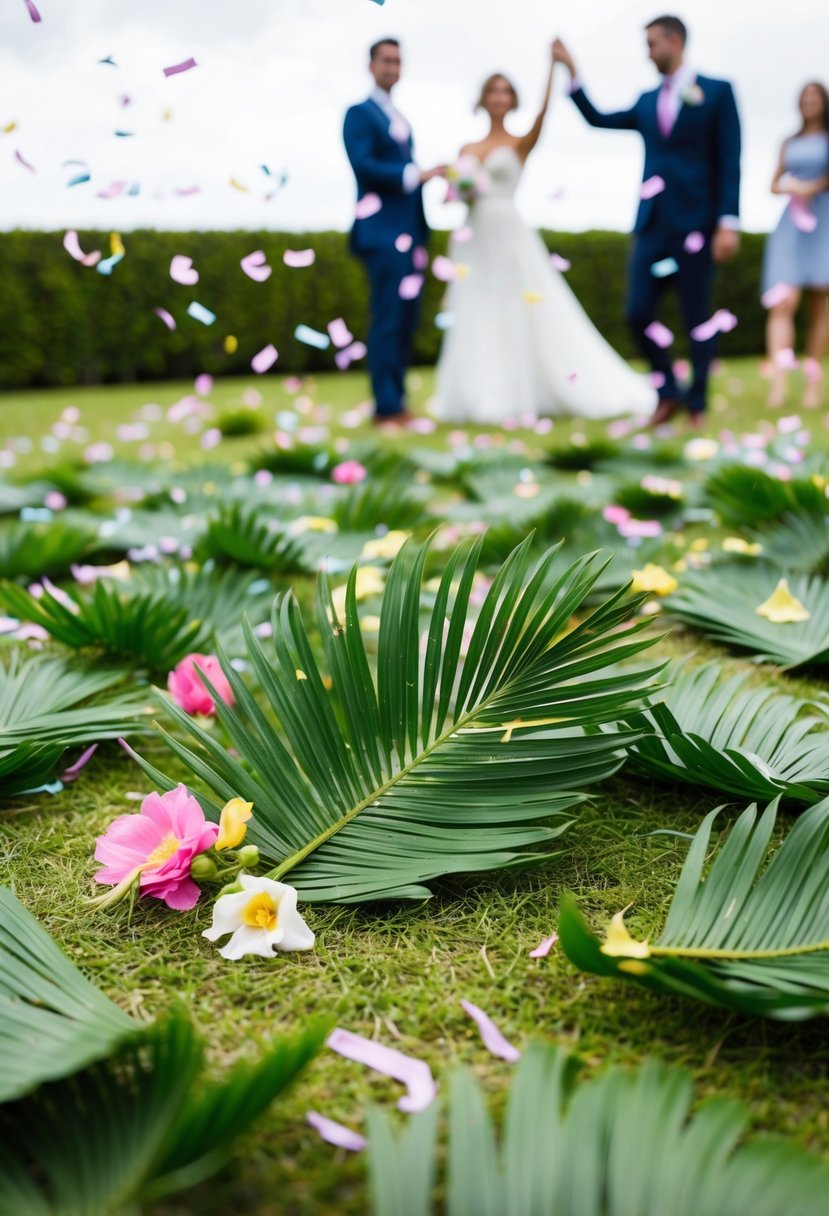 Palm leaves scattered on the ground, surrounded by biodegradable confetti and flowers. A couple in the background waves goodbye