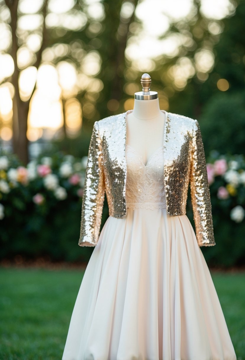 A sparkling sequin bolero jacket draped over a flowing wedding dress