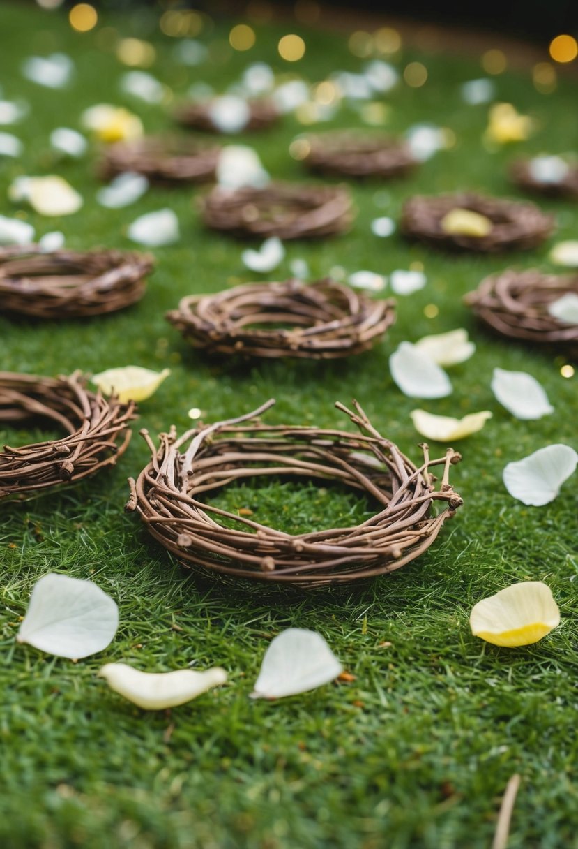 Miniature branch wreaths scattered on the ground, surrounded by eco-friendly wedding send-off items like flower petals and biodegradable confetti