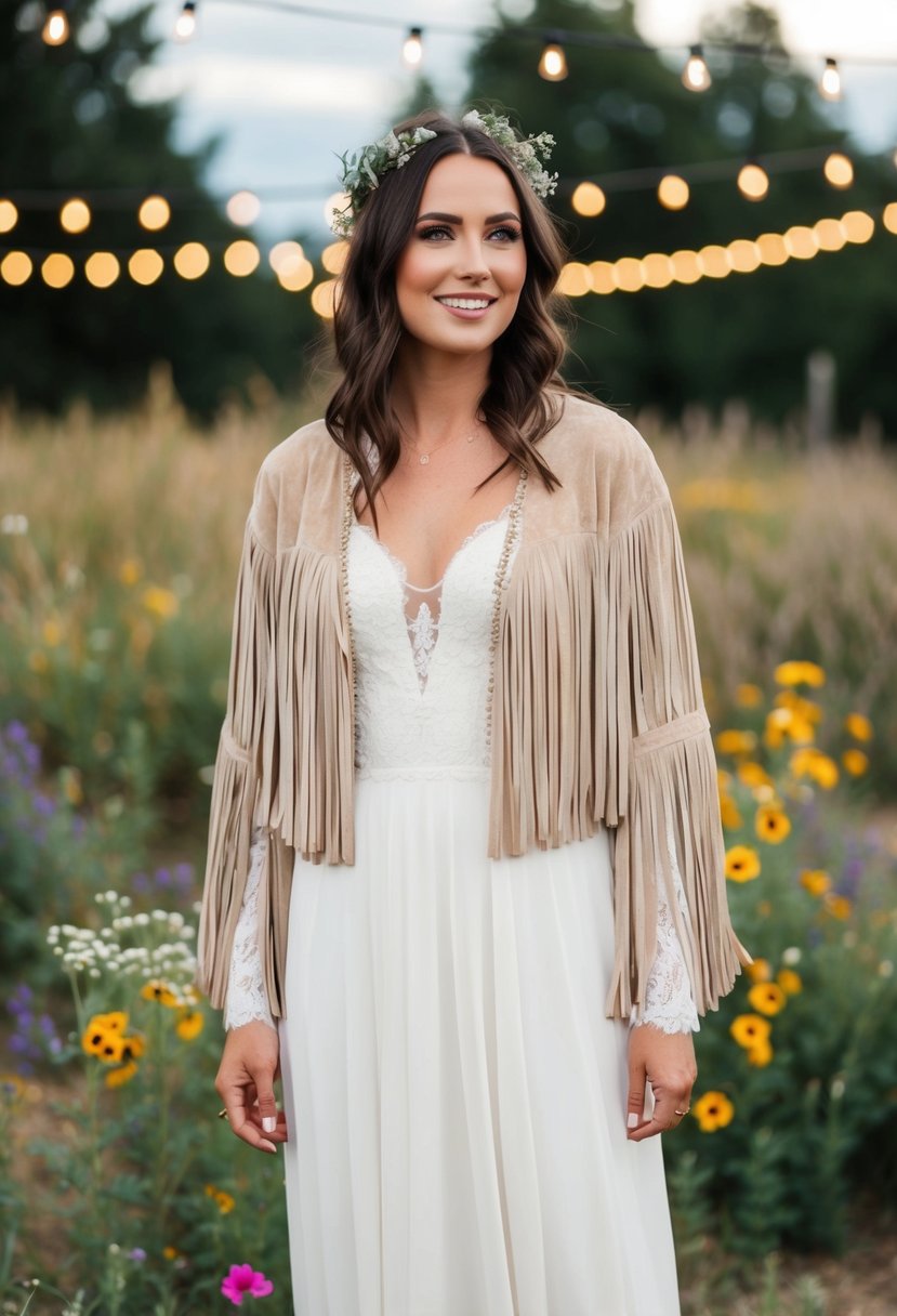 A bride wearing a bohemian fringe jacket over her wedding dress, standing in a rustic outdoor setting with wildflowers and fairy lights