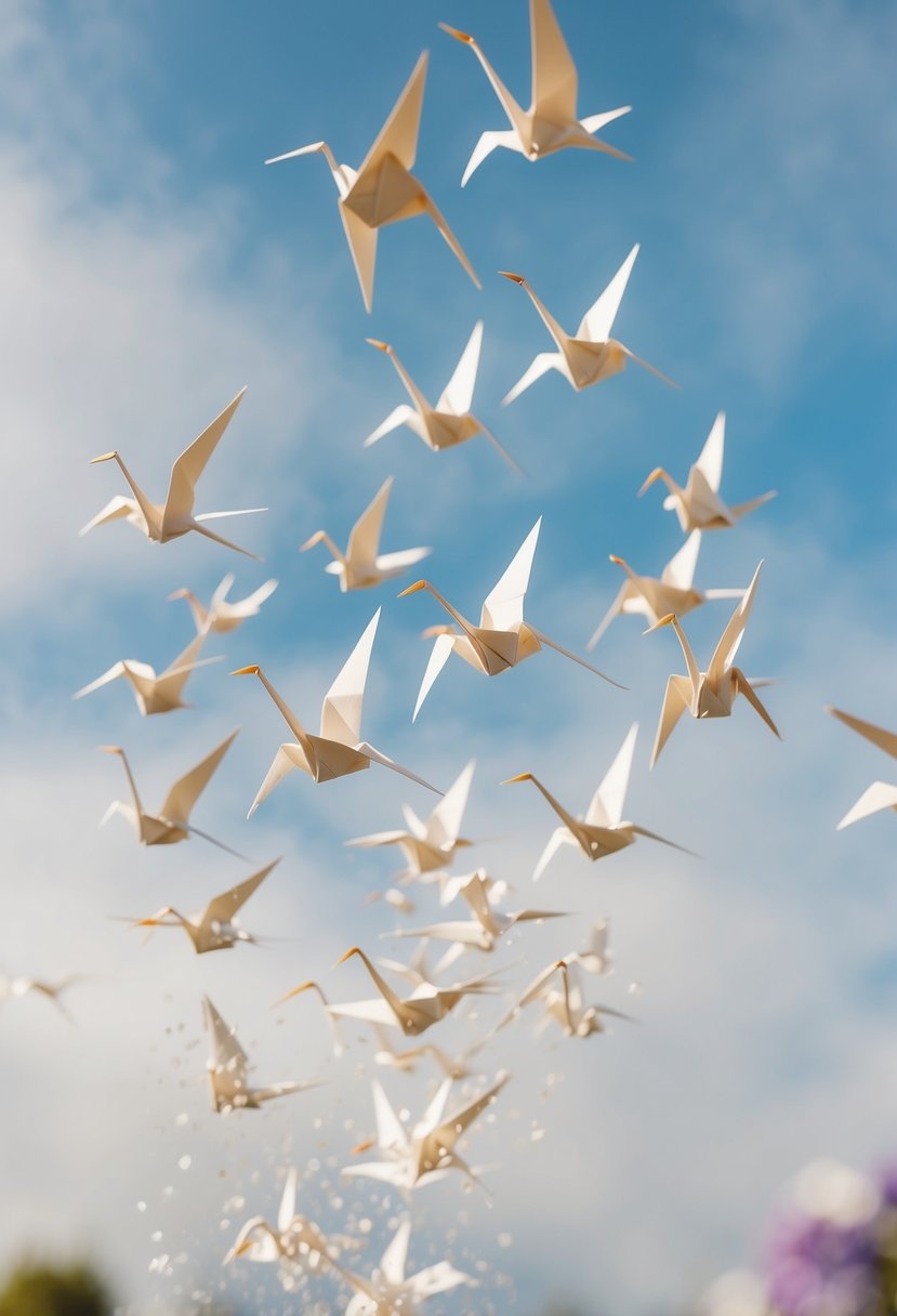 A flock of origami peace cranes soaring through the air, released by newlyweds at an eco-friendly wedding send-off