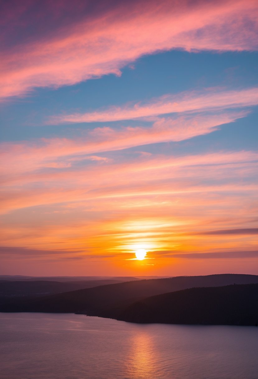 The sun rises over a serene viewpoint, casting a warm glow over the landscape. The sky is painted with hues of pink, orange, and gold as the world awakens to a new day