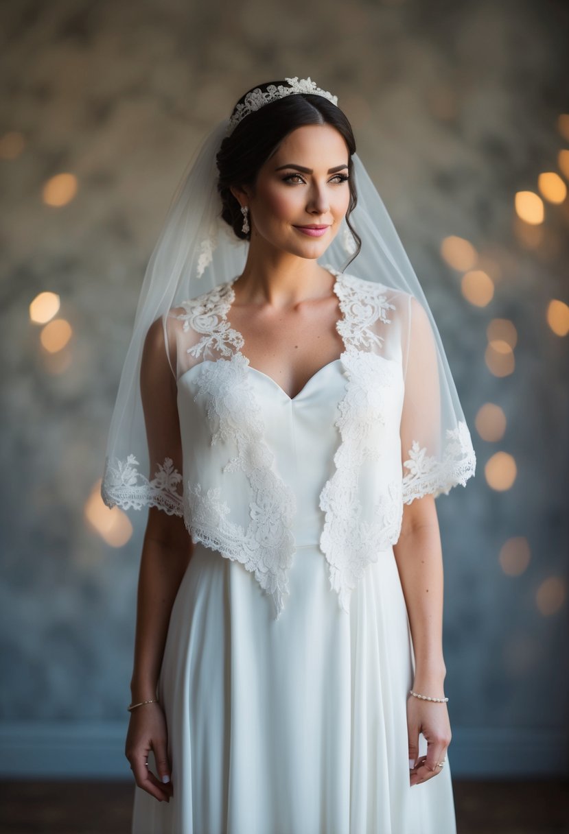 A bride wearing a silk capelet over her wedding dress, with delicate lace detailing and a flowing, ethereal silhouette