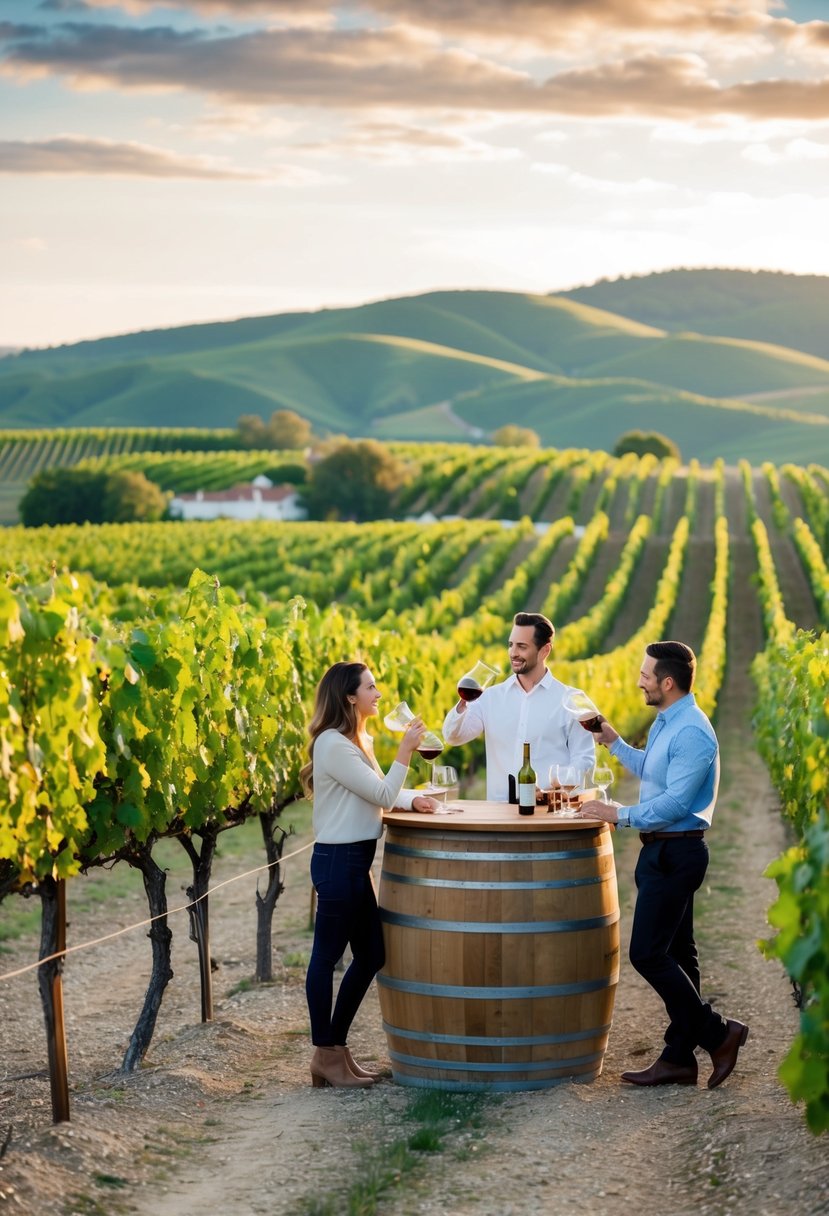 A vineyard scene with rows of grapevines, a rustic wooden tasting bar, and a couple sampling wine surrounded by picturesque rolling hills