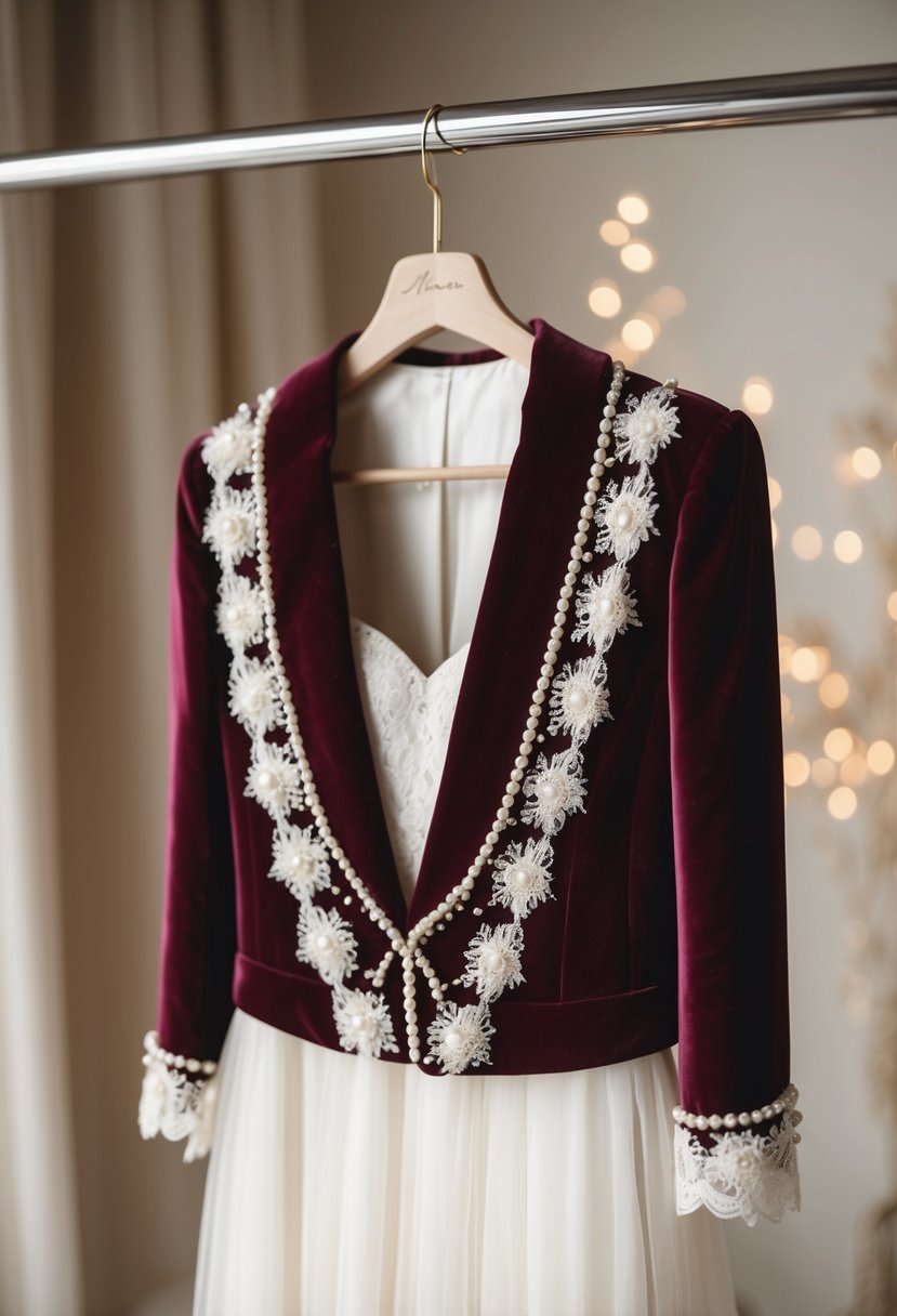 A velvet bridal blazer draped over a hanger, adorned with delicate lace and pearl embellishments, set against a soft, romantic backdrop