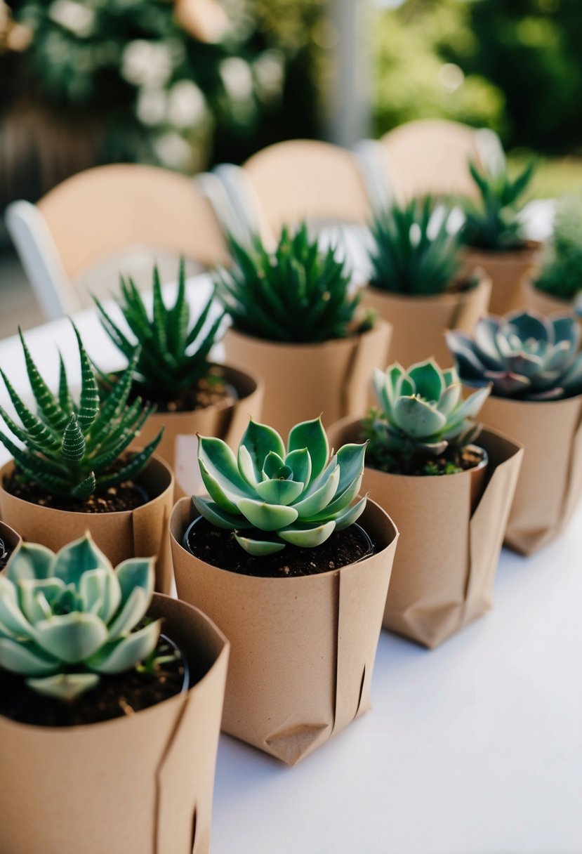 A table adorned with potted succulents, wrapped in eco-friendly packaging, ready to be given as wedding send-off favors