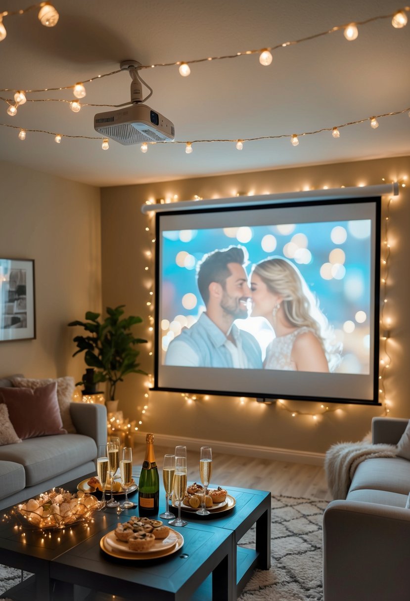 A cozy living room with a projector screen showing a romantic movie, surrounded by twinkling fairy lights and a table set with champagne and gourmet snacks