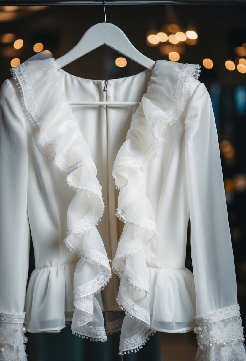 A white organza ruffled jacket draped over a hanger, with delicate lace and pearl details