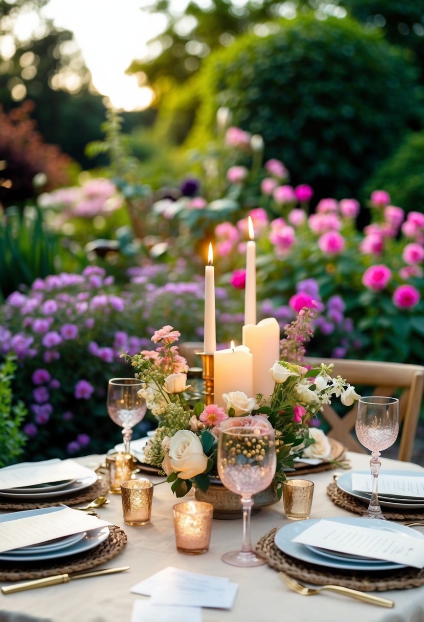 A cozy table set with candles, flowers, and love letters, surrounded by a beautiful garden