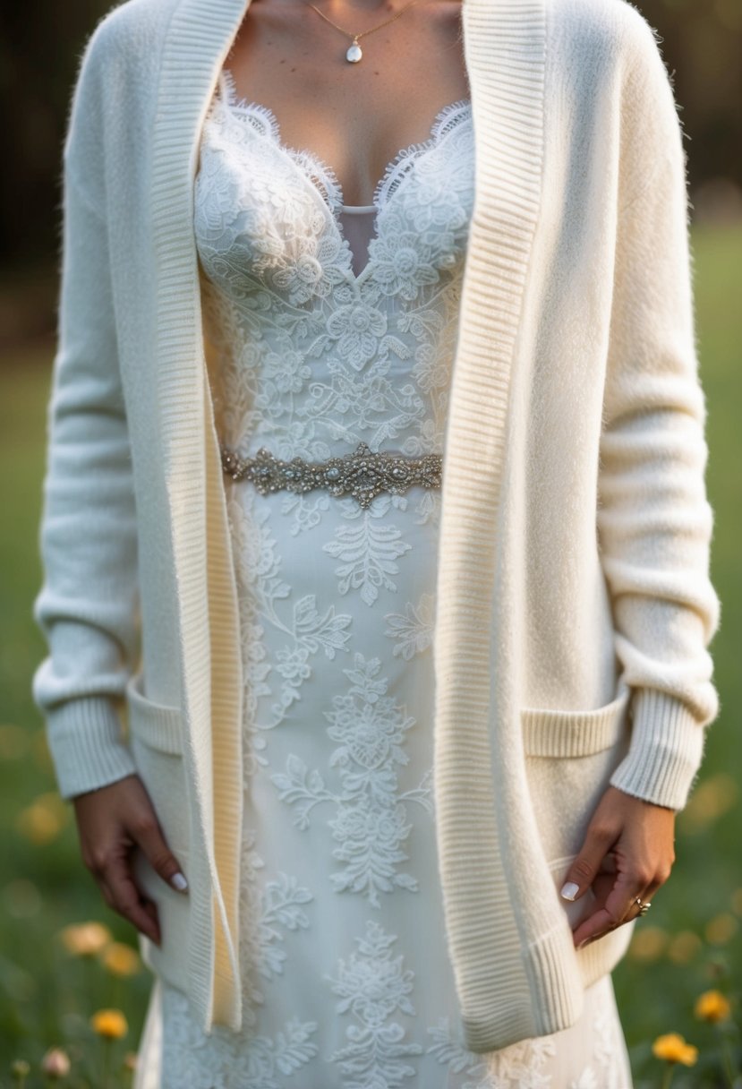 A soft ivory cashmere cardigan drapes over a delicate lace wedding dress, creating a cozy and elegant bridal ensemble