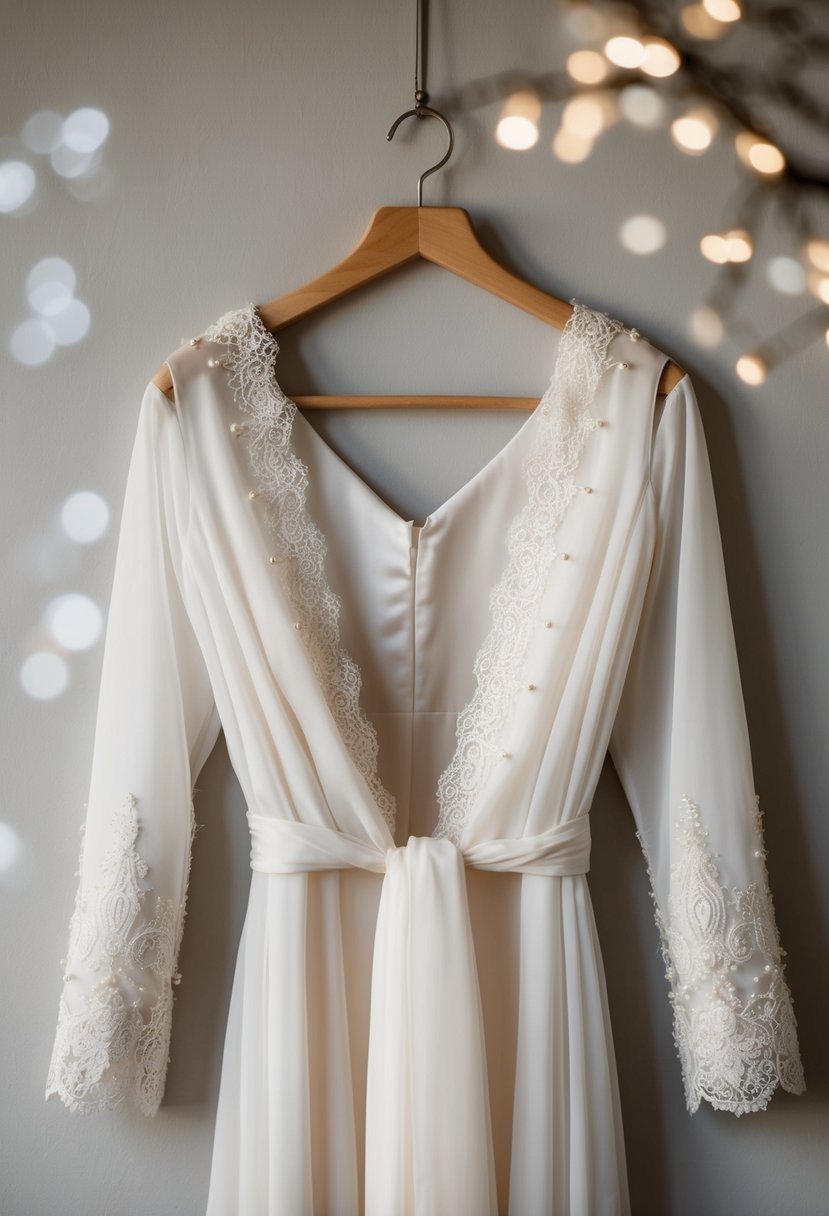 A delicate chiffon wrap wedding dress jacket drapes over a hanger, adorned with intricate lace and pearl detailing