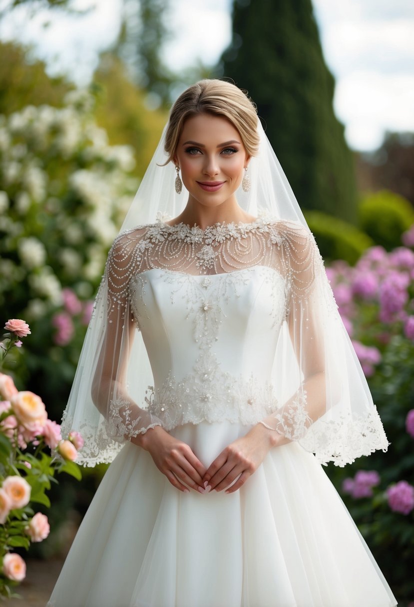 A bride wearing a flowing tulle cape adorned with delicate lace and intricate beadwork, standing in a garden surrounded by blooming flowers