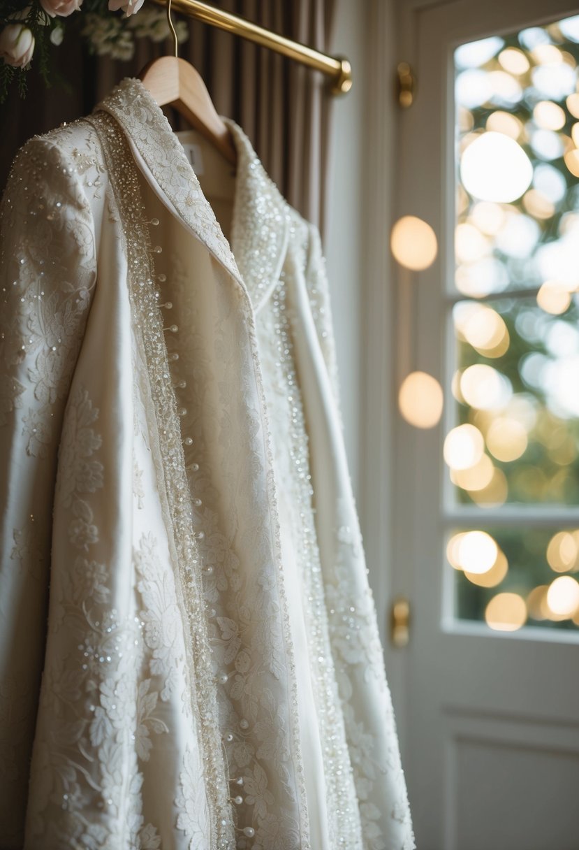 A brocade bridal coat hangs on a gilded hanger, draped with delicate lace and intricate beading. Sparkling in soft light, it exudes elegance and romance