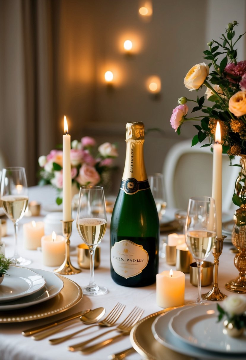 A beautifully set dining table with candles, flowers, and elegant tableware. A bottle of champagne with two full glasses. Soft lighting and romantic ambiance