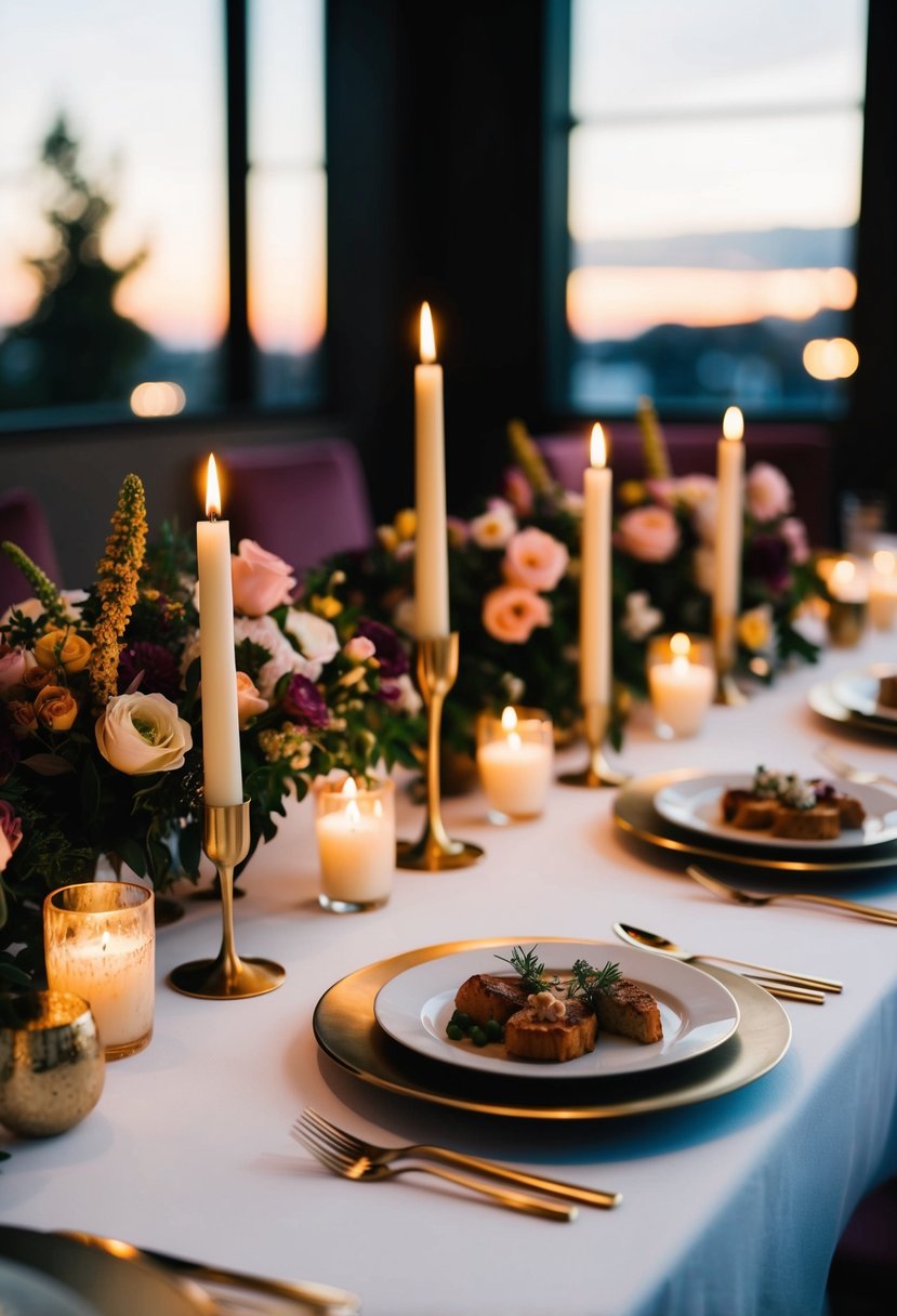 A candlelit table with two place settings, surrounded by flowers and soft lighting, showcasing a spread of decadent dishes