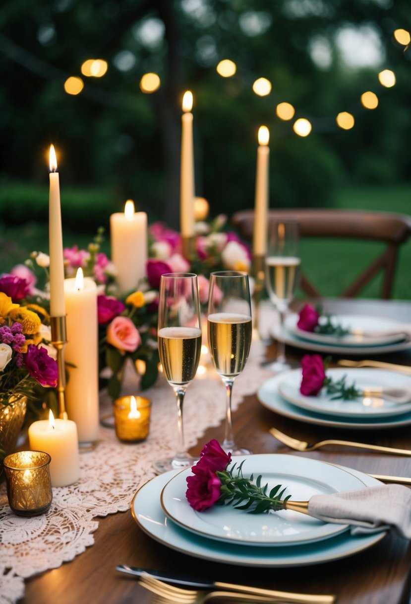 A romantic dinner set up with candles, flowers, and champagne on a beautifully decorated table