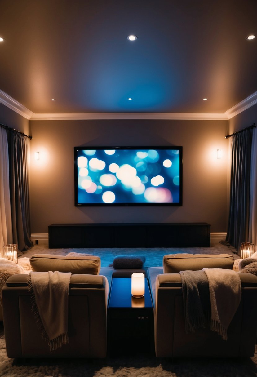 A dimly lit living room with a large screen, plush seating, warm blankets, and soft lighting creates a cozy home theater for a romantic movie night wedding anniversary celebration