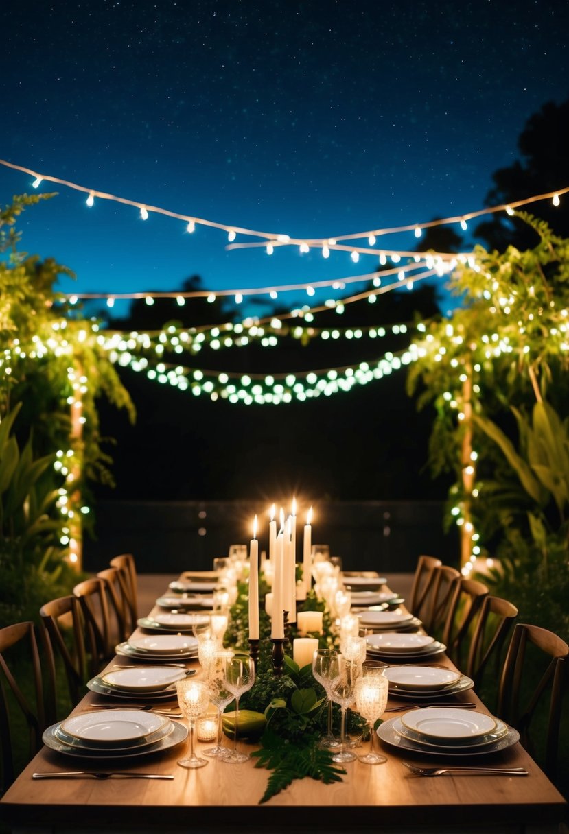 A candlelit table set with fine dinnerware, surrounded by twinkling fairy lights and lush greenery, under a starry night sky