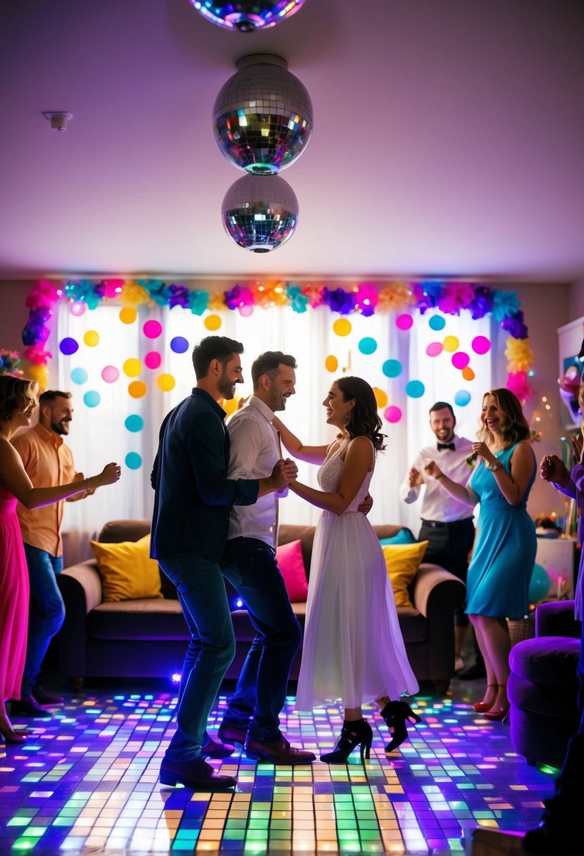 A living room filled with colorful decorations, disco lights, and a makeshift dance floor. Music fills the air as couples twirl and sway in celebration