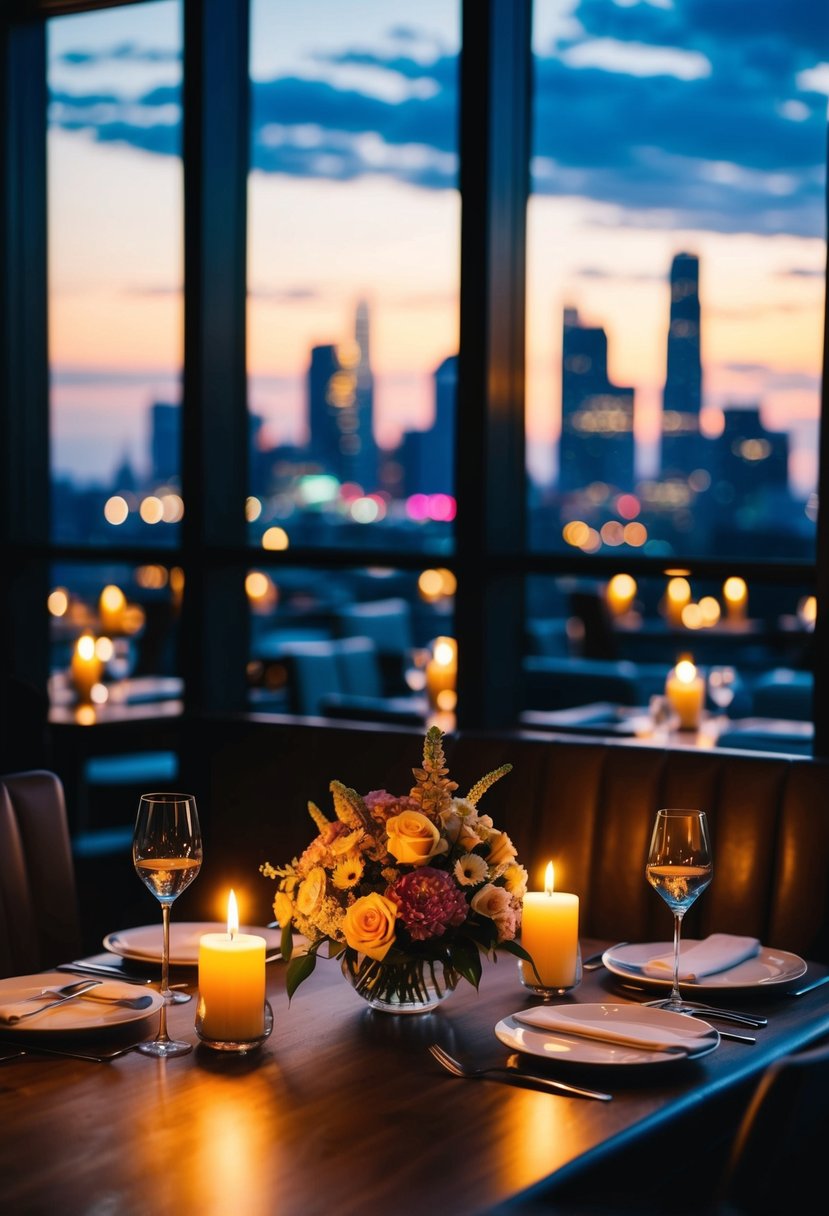 A candlelit dinner at a cozy restaurant, with a view of the city skyline and a bouquet of flowers on the table