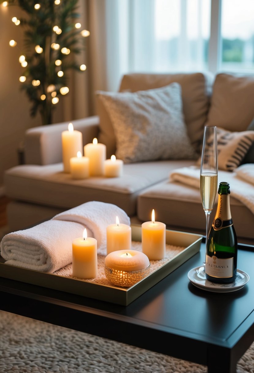 A cozy living room with candles, soft lighting, and plush towels set up for massages. A tray of luxurious spa products and a bottle of champagne add to the romantic atmosphere