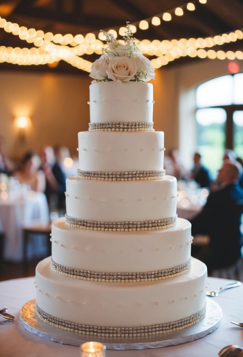 A three-tiered wedding cake adorned with delicate pearls and shimmering details