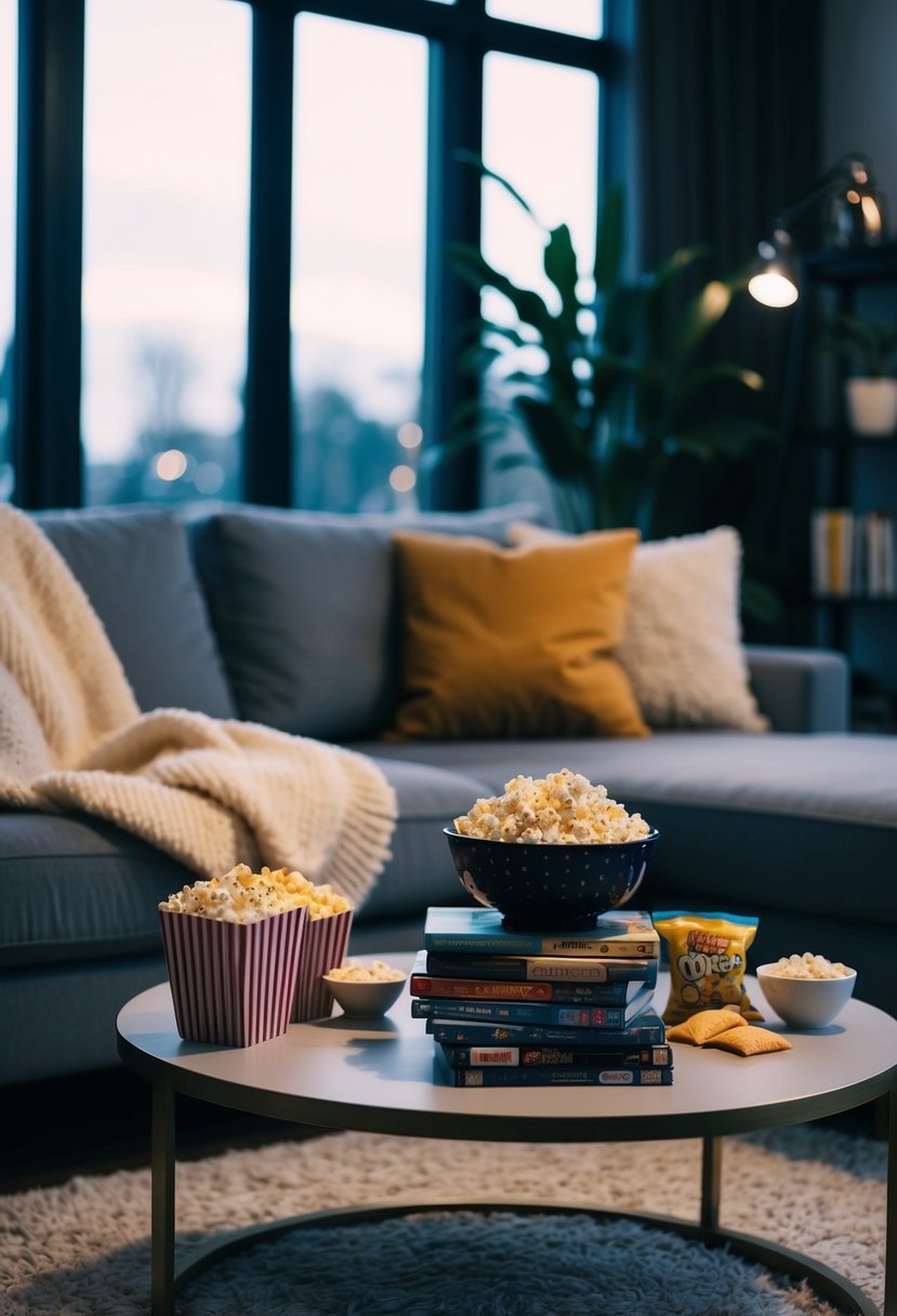 A dimly lit living room with a plush couch, soft blankets, and a coffee table topped with popcorn, snacks, and a stack of beloved DVDs