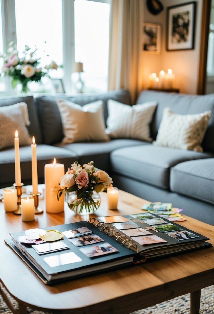 A cozy living room with a table adorned with a scrapbook, photos, and mementos from a wedding anniversary celebration at home. Candles and flowers add a romantic touch