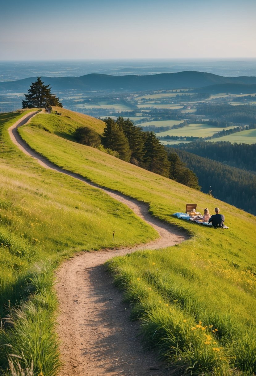 A winding trail leads to a grassy hilltop with a panoramic view, where a picnic awaits