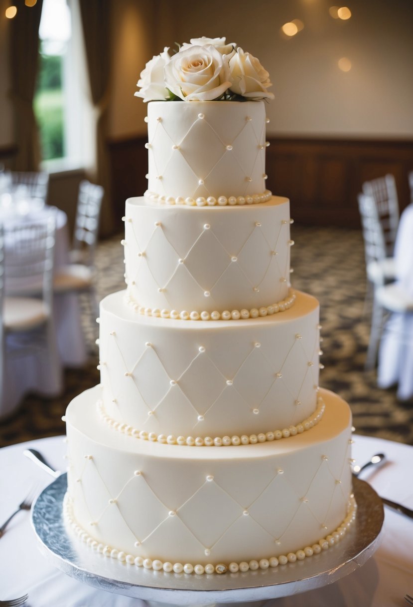 A three-tiered wedding cake adorned with pearls and ivory details