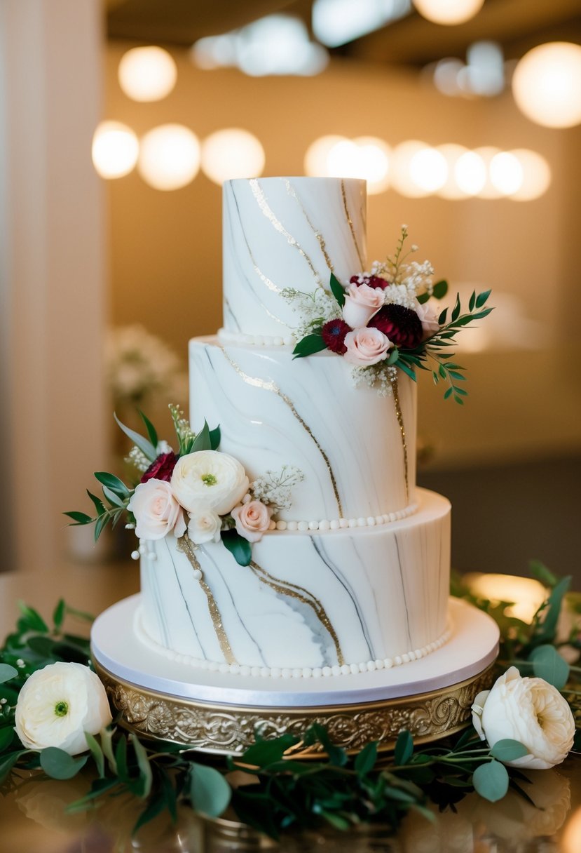 A marbled pearl wedding cake adorned with delicate floral arrangements