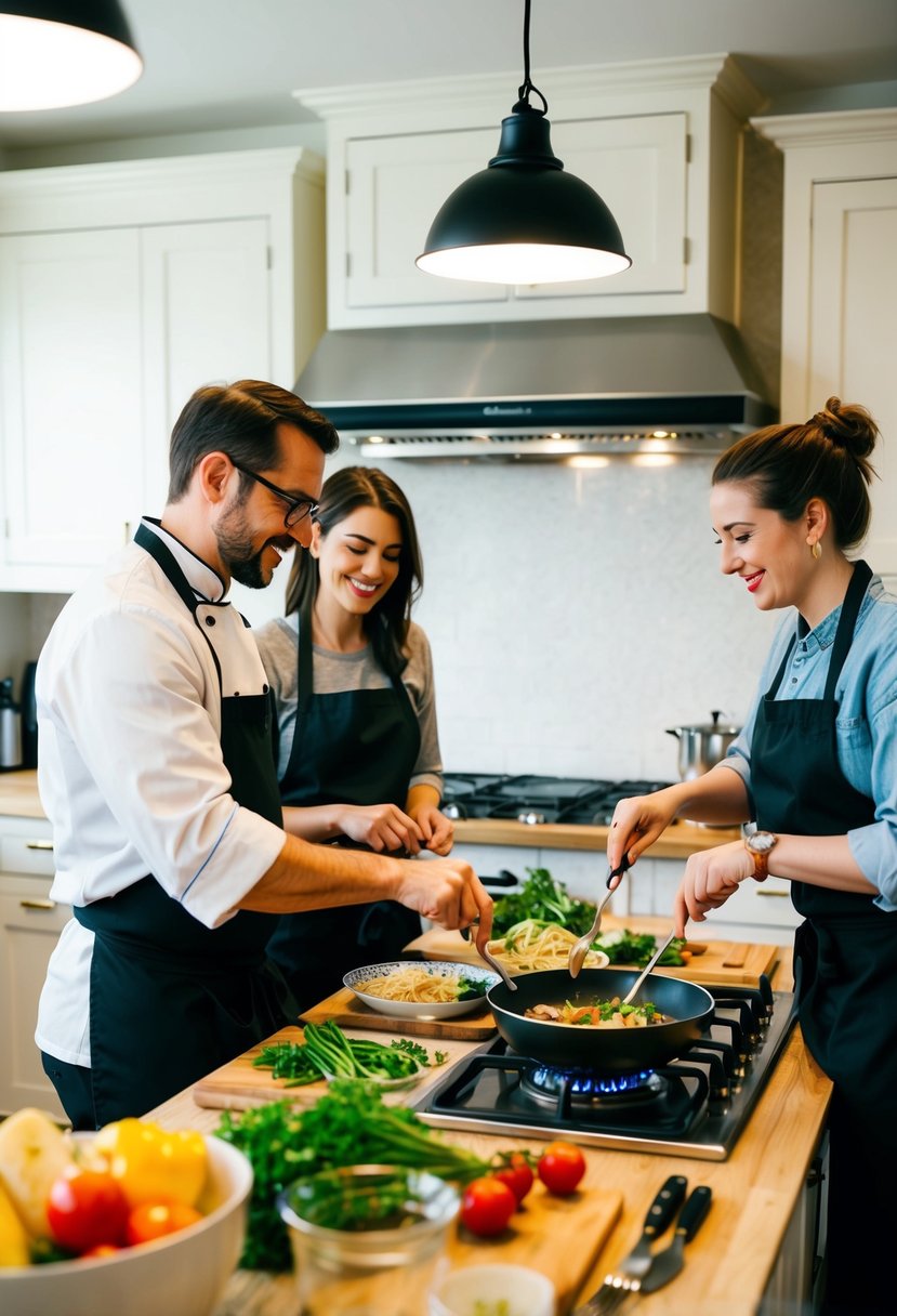 A cozy kitchen setting with two cooking stations, filled with fresh ingredients and cooking utensils. A chef instructor demonstrates a new recipe to a couple, while they work together to recreate the dish