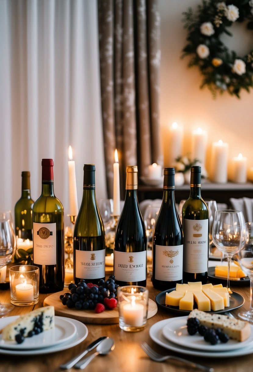 A table set with an array of wine bottles, glasses, and cheese platters, surrounded by cozy candlelight and elegant décor for a wedding anniversary celebration at home