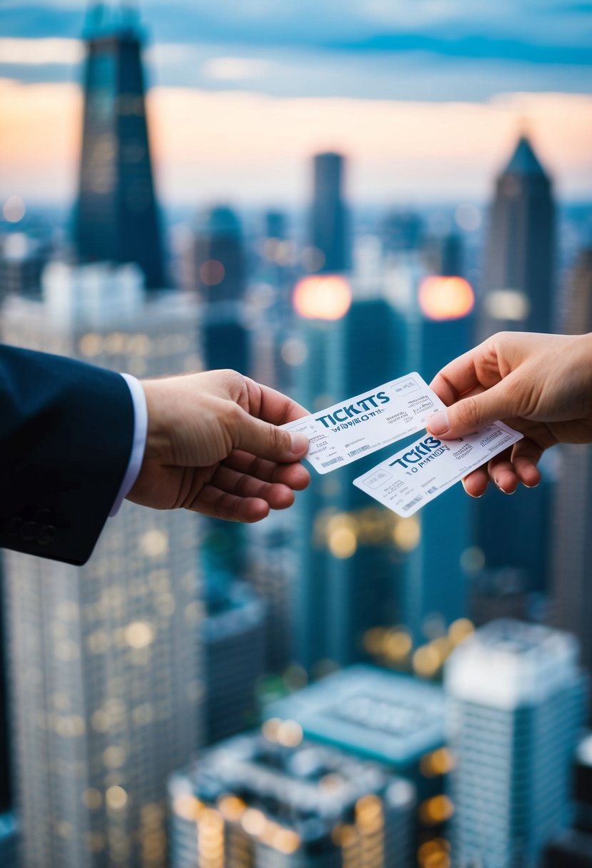 A couple's hands exchanging tickets with a city skyline in the background