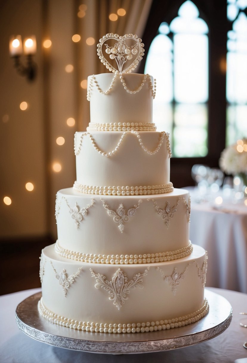 A vintage-style wedding cake adorned with delicate pearls and intricate designs