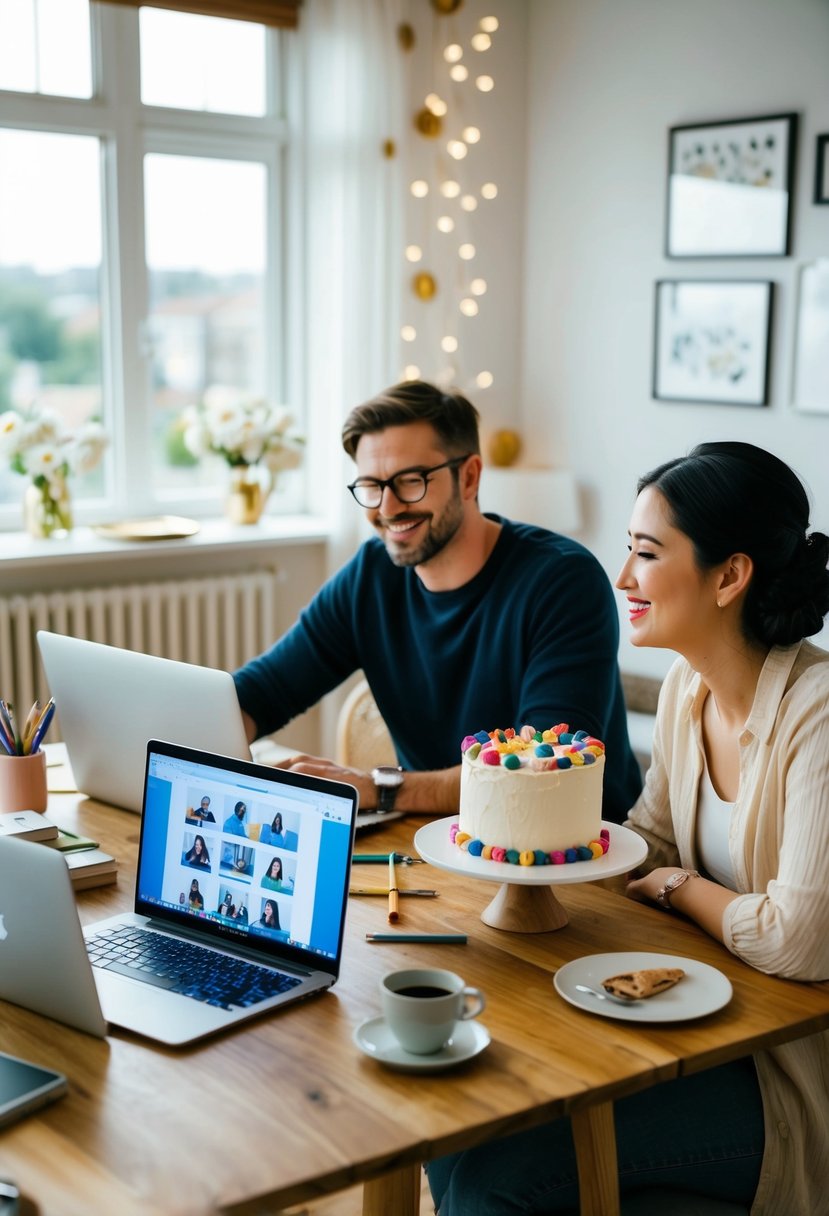 A couple sits at a table with laptops, watching an online class. Art supplies and a cake decorate the room for their wedding anniversary celebration at home