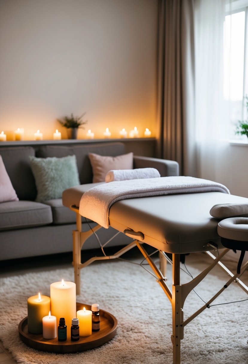 A cozy living room with soft lighting, candles, and a massage table set up with fluffy towels and soothing essential oils