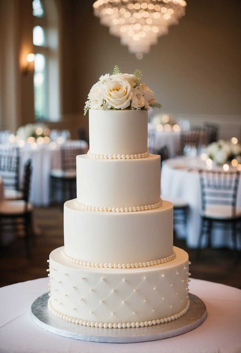 A three-tiered wedding cake adorned with cascading pearls and elegant design