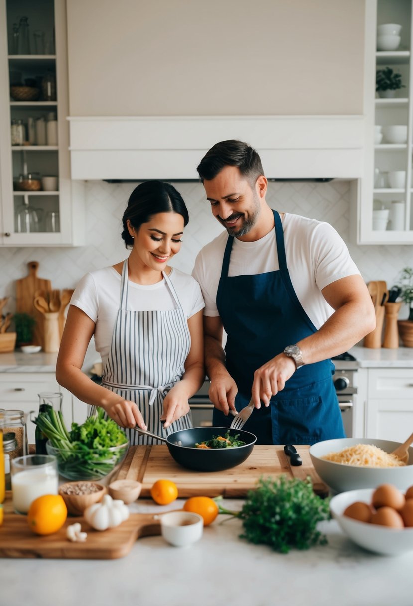 A couple follows along with an online cooking class, surrounded by ingredients and kitchen tools, as they prepare a meal together to celebrate their wedding anniversary at home