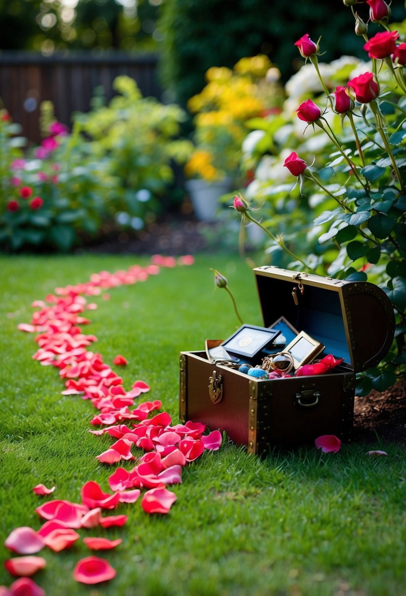 A backyard garden with a trail of rose petals leading to a hidden treasure chest filled with mementos from the past 19 years