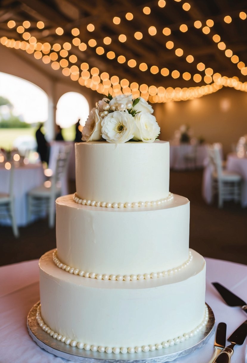 A two-tier wedding cake adorned with edible pearls