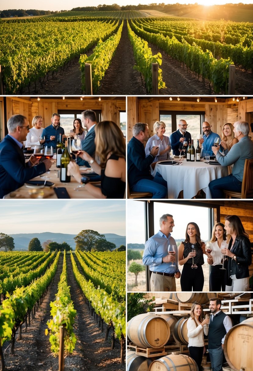 A picturesque vineyard with rows of grapevines stretching into the distance, a rustic tasting room with barrels and wine bottles, and a group of people enjoying glasses of wine