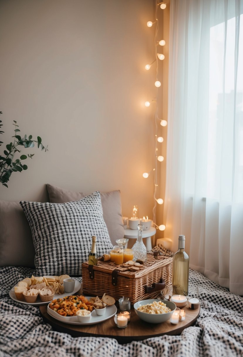 A cozy indoor picnic with a checkered blanket, a spread of snacks, and soft lighting for a romantic wedding anniversary celebration at home