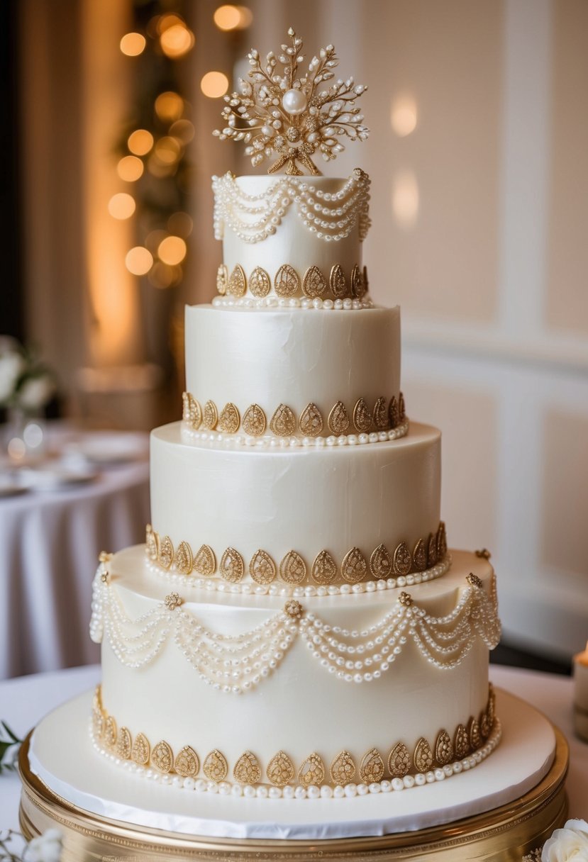 A three-tiered pearl cake with intricate gold accents and delicate pearl details