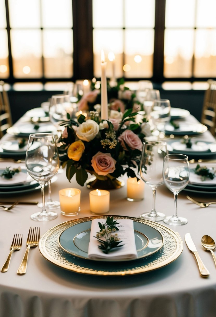 A beautifully set table with elegant dinnerware, floral centerpieces, and soft candlelight