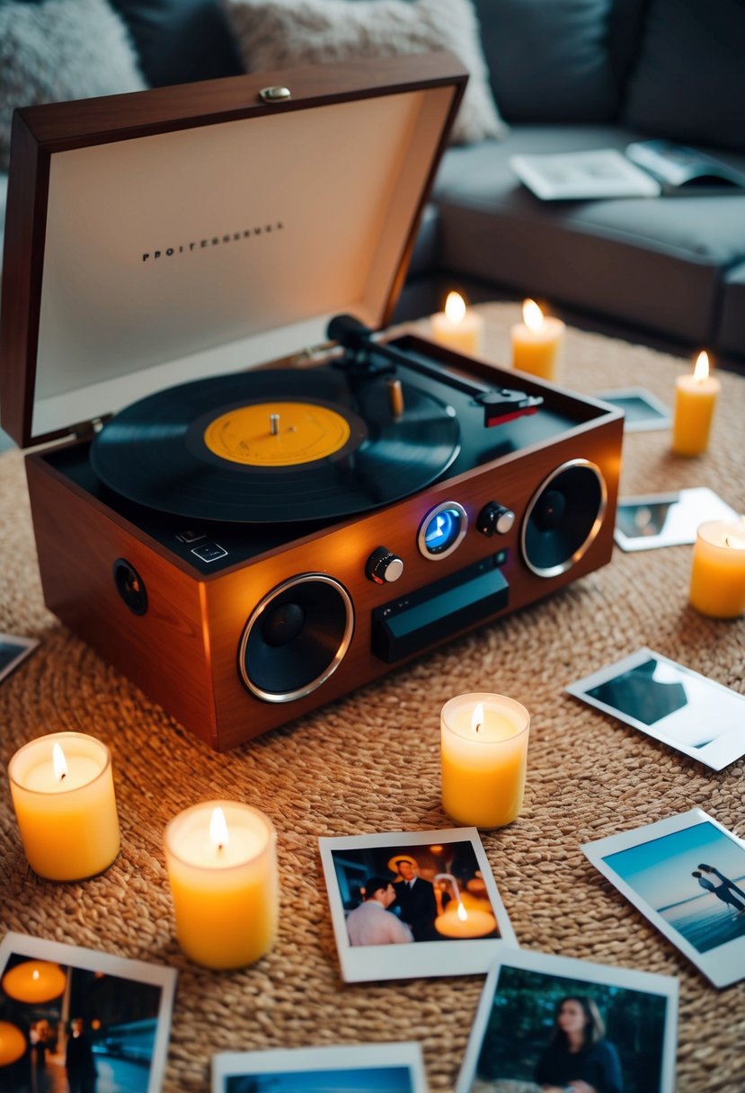 A cozy living room with a record player, surrounded by flickering candles and scattered polaroid photos. A playlist of meaningful songs fills the air