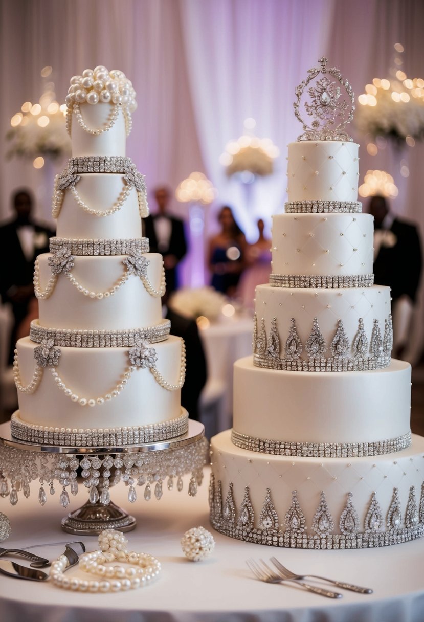 A lavish wedding centerpiece adorned with shimmering pearls and jewels, alongside a stunning wedding cake also embellished with pearls and intricate designs