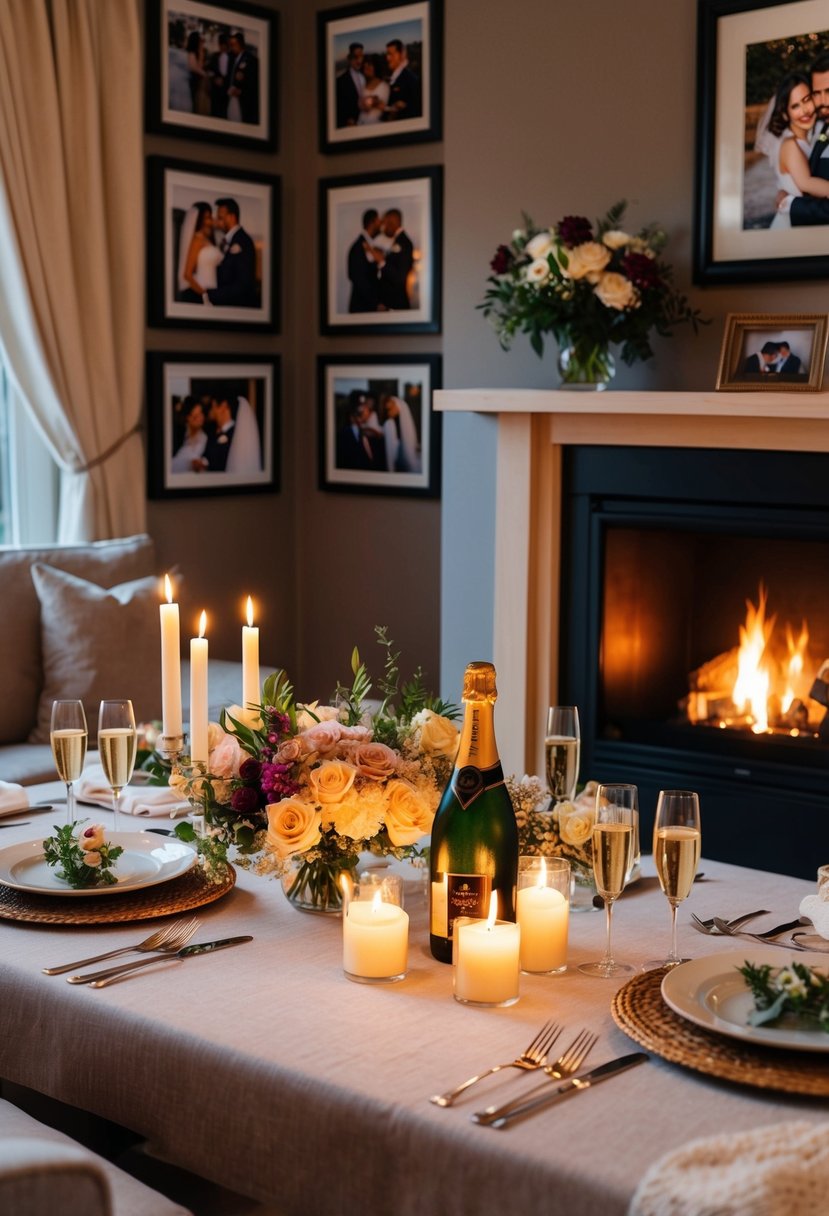 A cozy living room with candlelit dinner, flowers, and champagne, surrounded by framed wedding photos and a warm fireplace