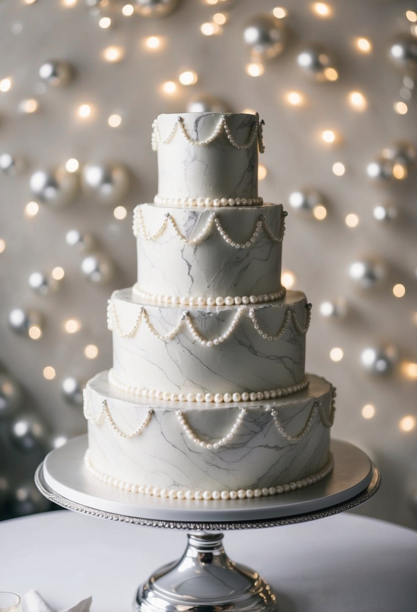 A three-tiered pearl cake with marbled texture sits on a silver stand, adorned with delicate pearl accents and shimmering details