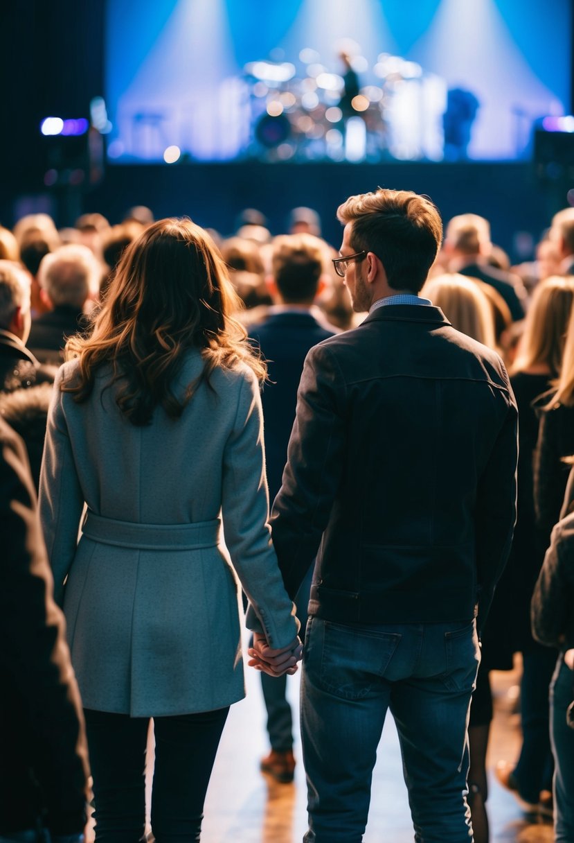 A couple holding hands, surrounded by a crowd, with a stage in the background